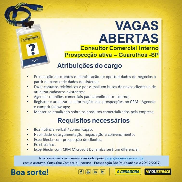 vagas externas - Consultor comercial interno - prospecção ativa São Paulo